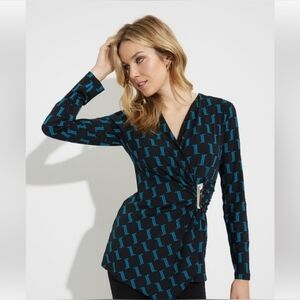 Joseph Ribkoff V Neck Top Style 224215 Faux Wrap Women’s Geometric Blouse